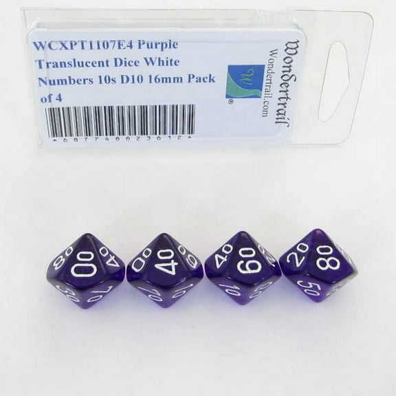 Purple Translucent Dice with White Numbers 10s D10 Aprox 16mm (5/8in) Pack of 4 Wondertrail