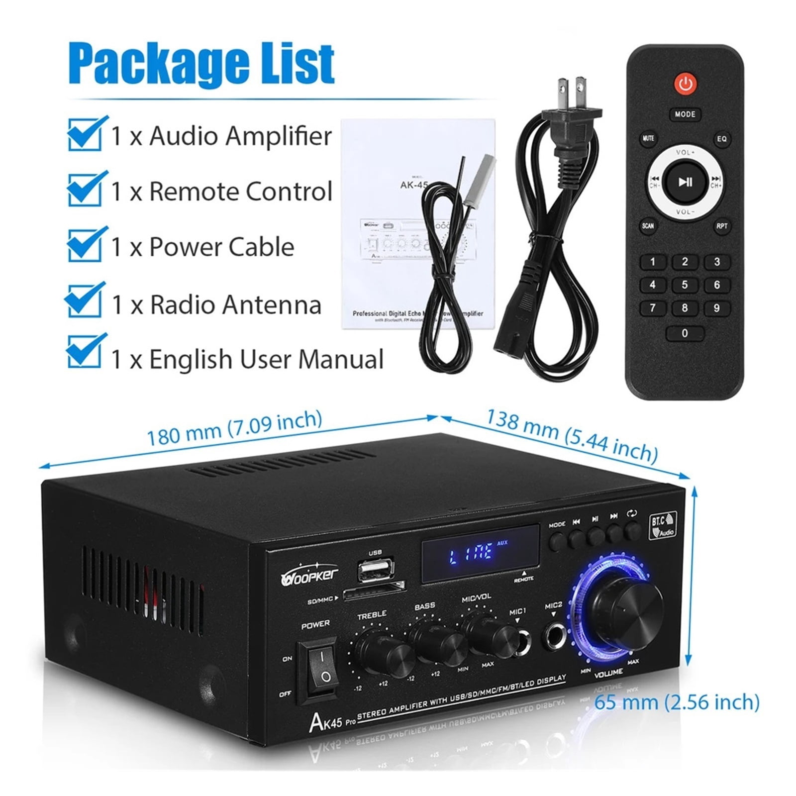 Digital Amplifier Channel 2.0 Bluetooth AMP Bass Speaker Rated Power 50W×2 for Home Car ,Multi Modes