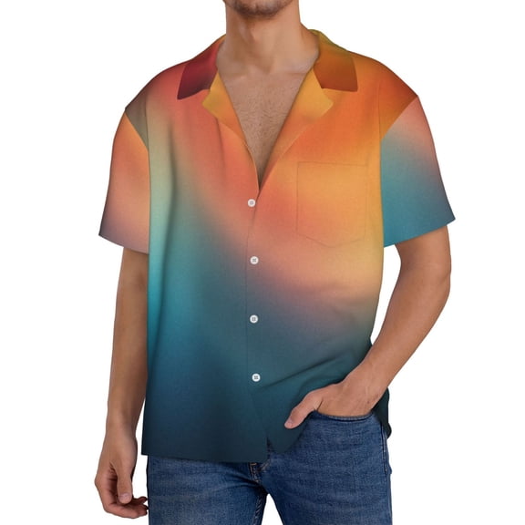 Rateoe yellow orange and teal Pattern Men's Short Sleeve Classic Shirt, Casual Short-Sleeved Shirt, Lightweight Summer Shirt, Cuban Collar Shirt,Button-Front Shirt-