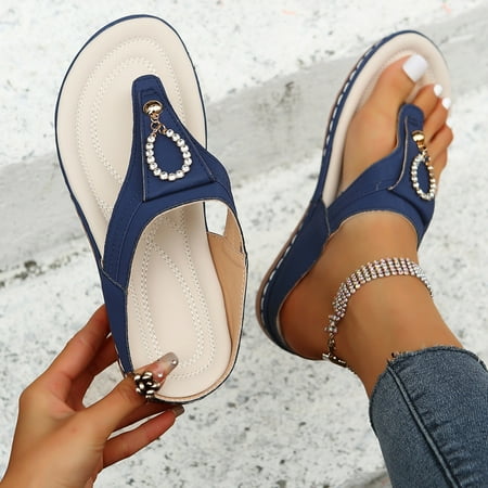 

KKCXFJX slippers for women Thong Toe Rhinestone Slippers Women s Round Head Outer Wear Solid Color Low-heeled Flip-flops Slippers