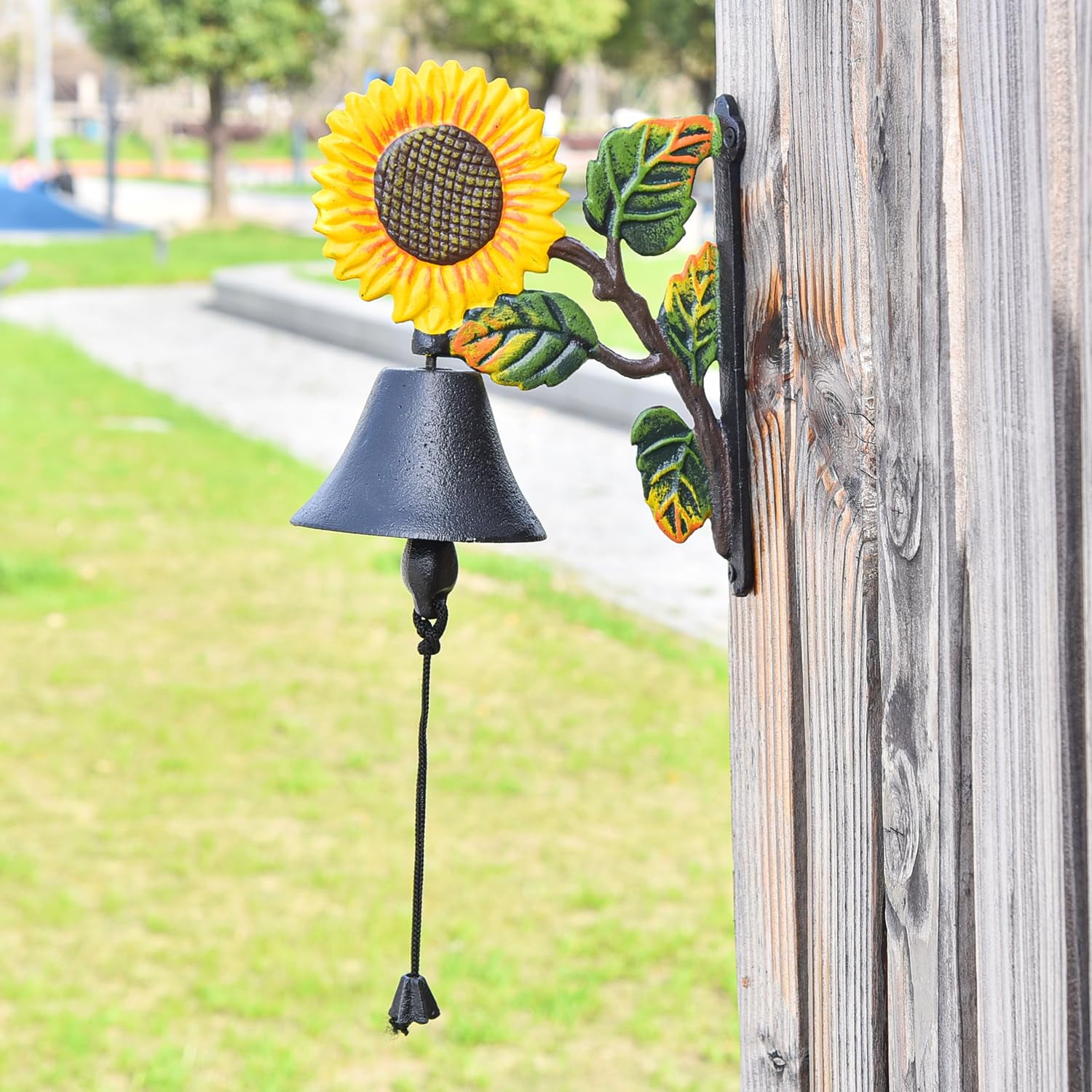 Sungmor Cast Iron Wall Bell Decorative Hand-Painted Sunflower Hand Bell, Manually Shaking Wall Hanging Doorbell - Indoor Outdoor Wall Mounted Dinner Bell - Garden Home Wall Decoration