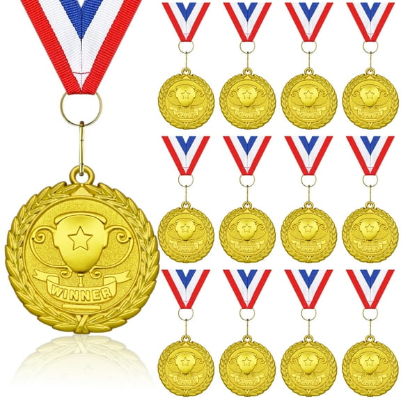 Gold WINNER Medals, 12-Pack Metal Medal Sports Day Medals with Ribbon Necklace for Sports Day Prizes, Gymnastics Competitions, Party Gifts, Kids Adults