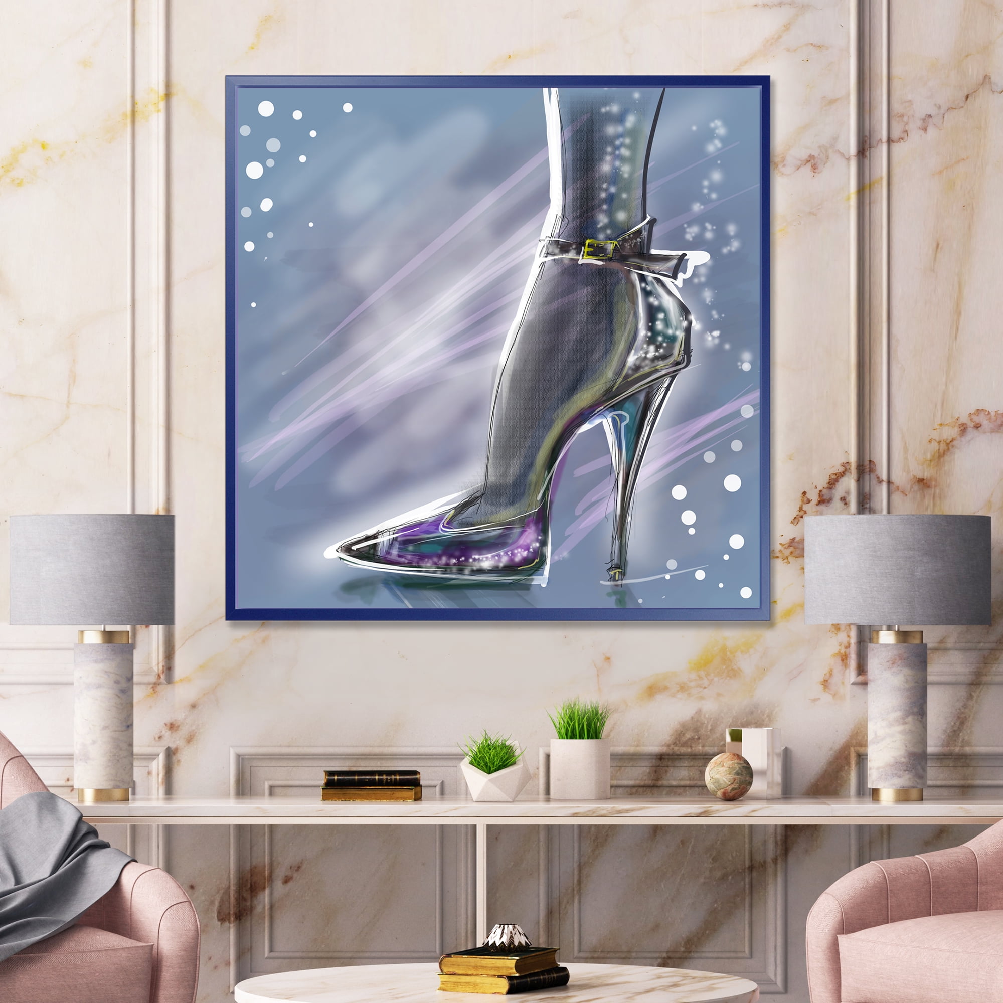 Designart 'Shiny Woman Shoe High Heeled Stiletto With Glitter' Modern Framed Canvas Wall Art Print