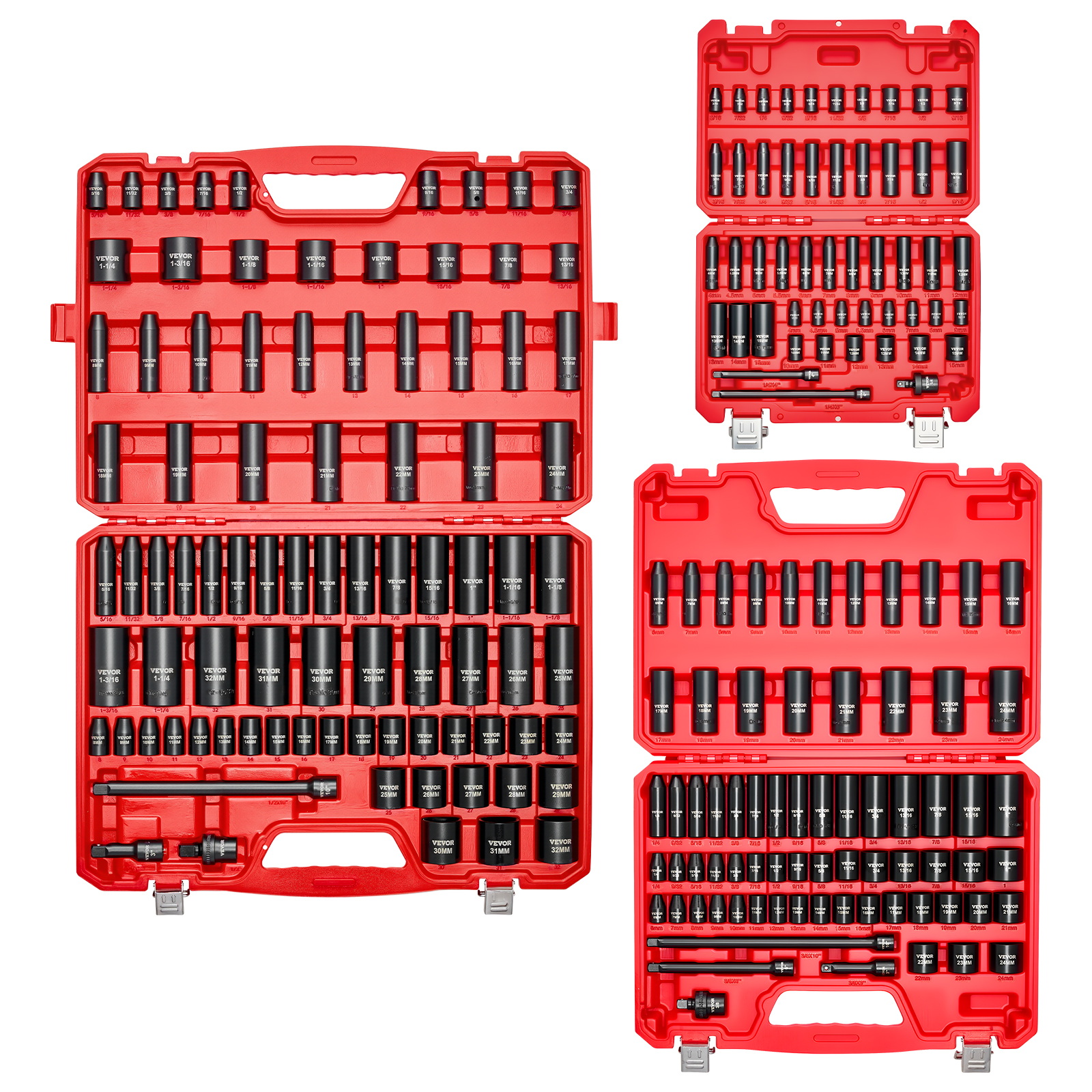 VEVOR 210 Piece Drive Impact Socket Set, 1/4, 3/8, 1/2 Inch, 6 Point Deep & Shallow Impact Sockets, SAE (3/16 to 1-1/4 in) and Metric (4 to 32 mm) Sizes with Extension Bars, Cr-V Steel, Carrying Case