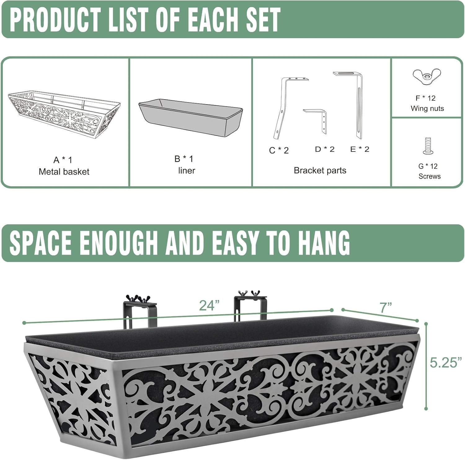 2 Pack 24 Inch Window Boxes Planter for Outdoor Plants Deck Railing Planters Box with Adjustable Brackets for Porch Fence Balcony Hanging Flower Baskets with Non-Woven Fabric Liner for Garden Decor