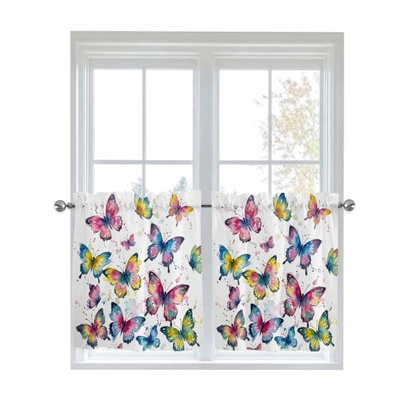 Colorful Butterfly 2 Panel Kitchen Curtains for Small Windows, Elegant Pastoral Butterflies Watercolor Bathroom Tier Curtain, Short Window Treatment for Bedroom/Living Room 55"x36"