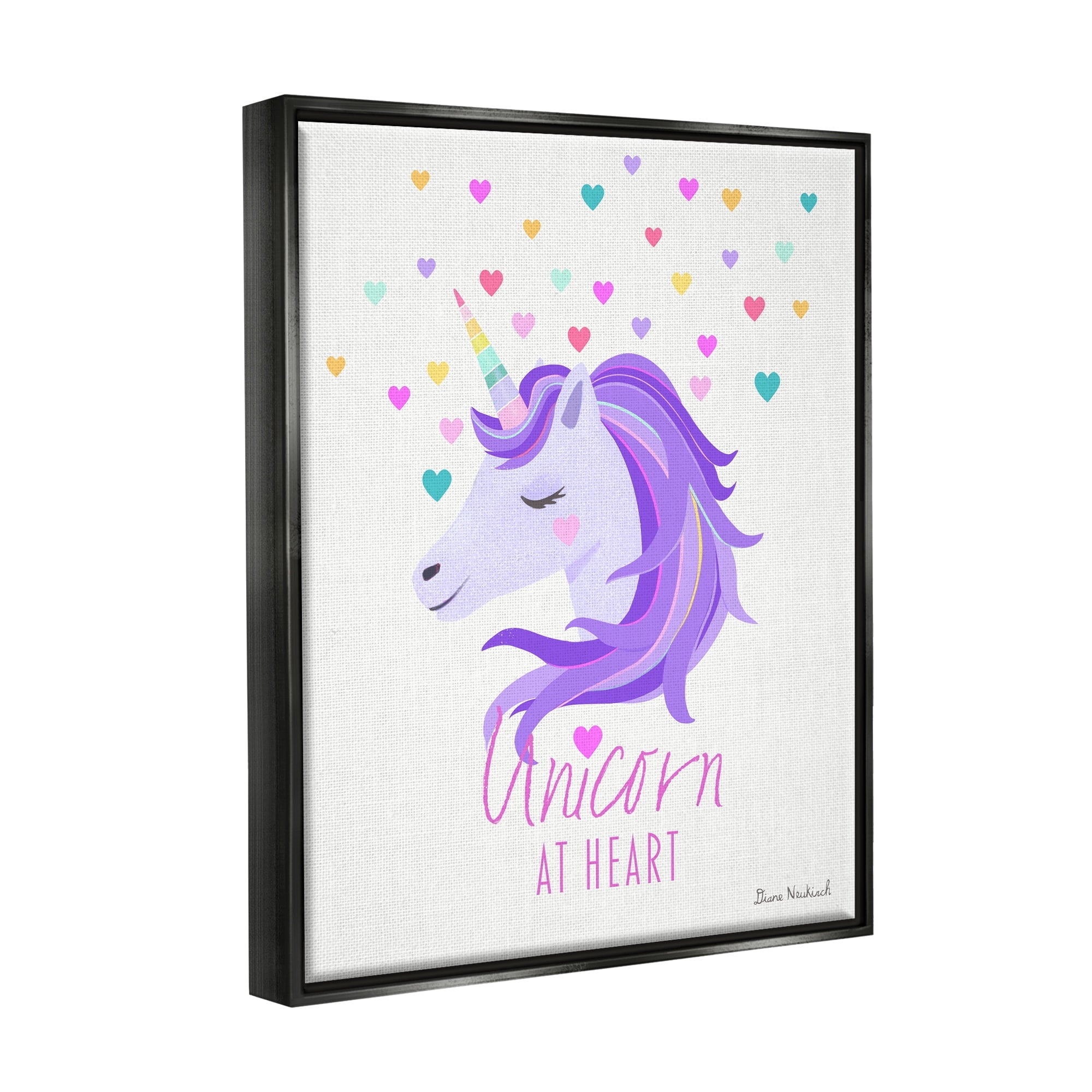 Stupell Industries Unicorn At Heart Phrase Pastel Purple Hearts Pattern Graphic Art Jet Black Floating Framed Canvas Print Wall Art, Design by Diane Neukirch