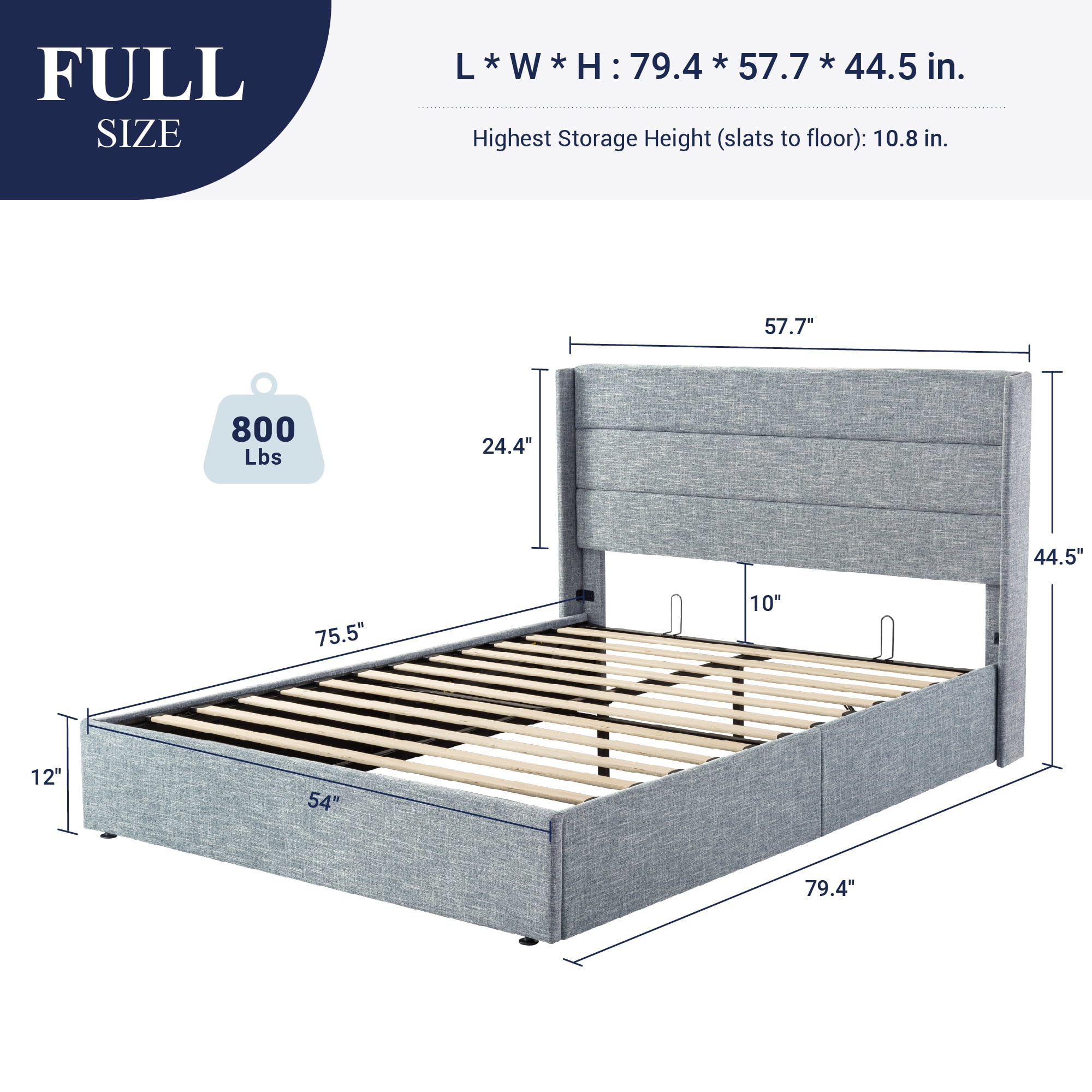 Allewie Full Size Lift Up Platform Storage Bed Frame with Channel Wingback Headboard, Grey Blue