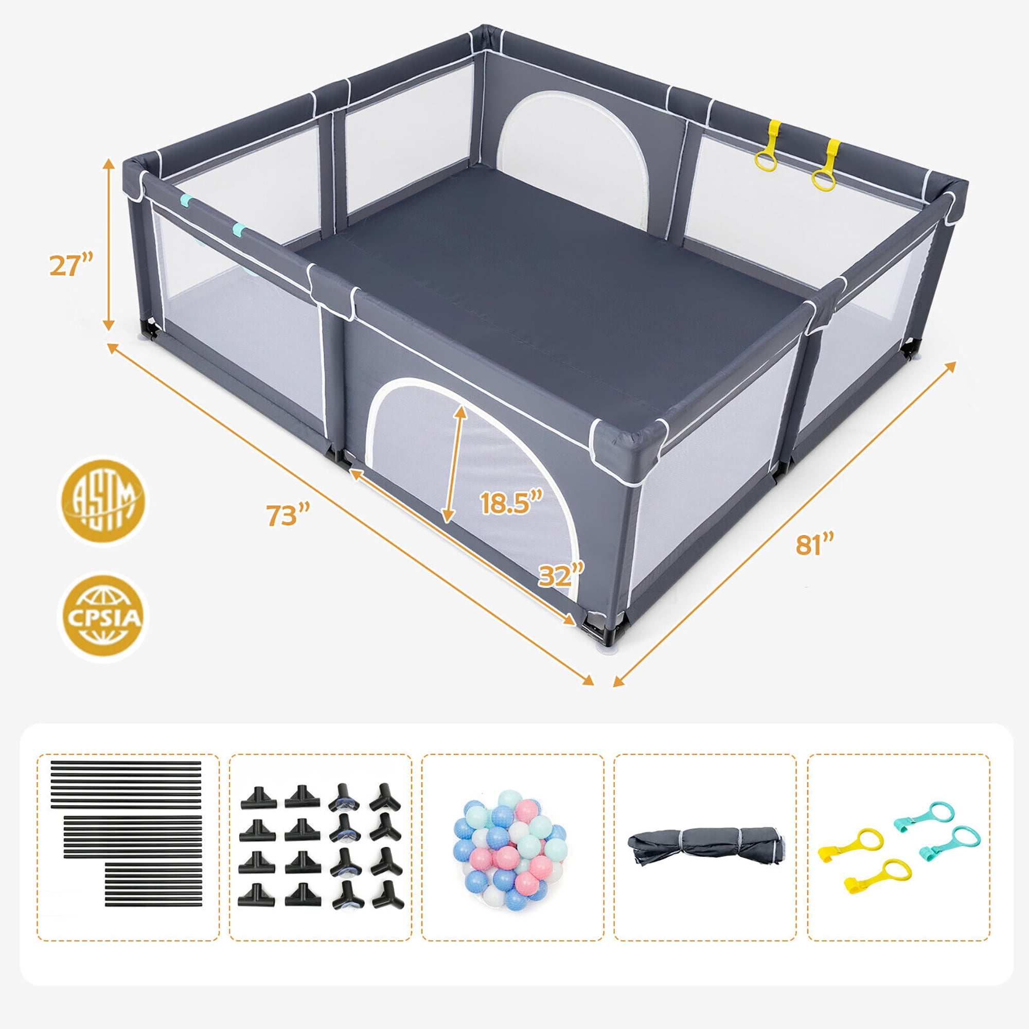Gymax Extra Large Baby Playpen Safety Baby Play Yard w/ 50 Ocean Balls & 4 Handles Dark Grey