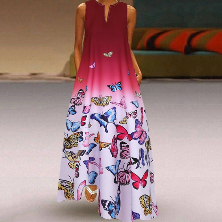 Babysbule Women's Dress Women Plus Size Butterfly Print Daily Sleeveless Vintage Boho V Neck Maxi Dress, Size: XL, Red
