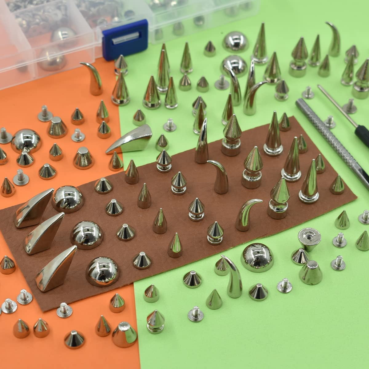 150 Set Punk Spike Rivets Kit, 13 Type Large Studs and Cone Spikes Screw Back Bullet Cone Studs with Install Tools for DIY Project, Necklace Jacket Vest Shoes Boot Leather Crafts (Silver)