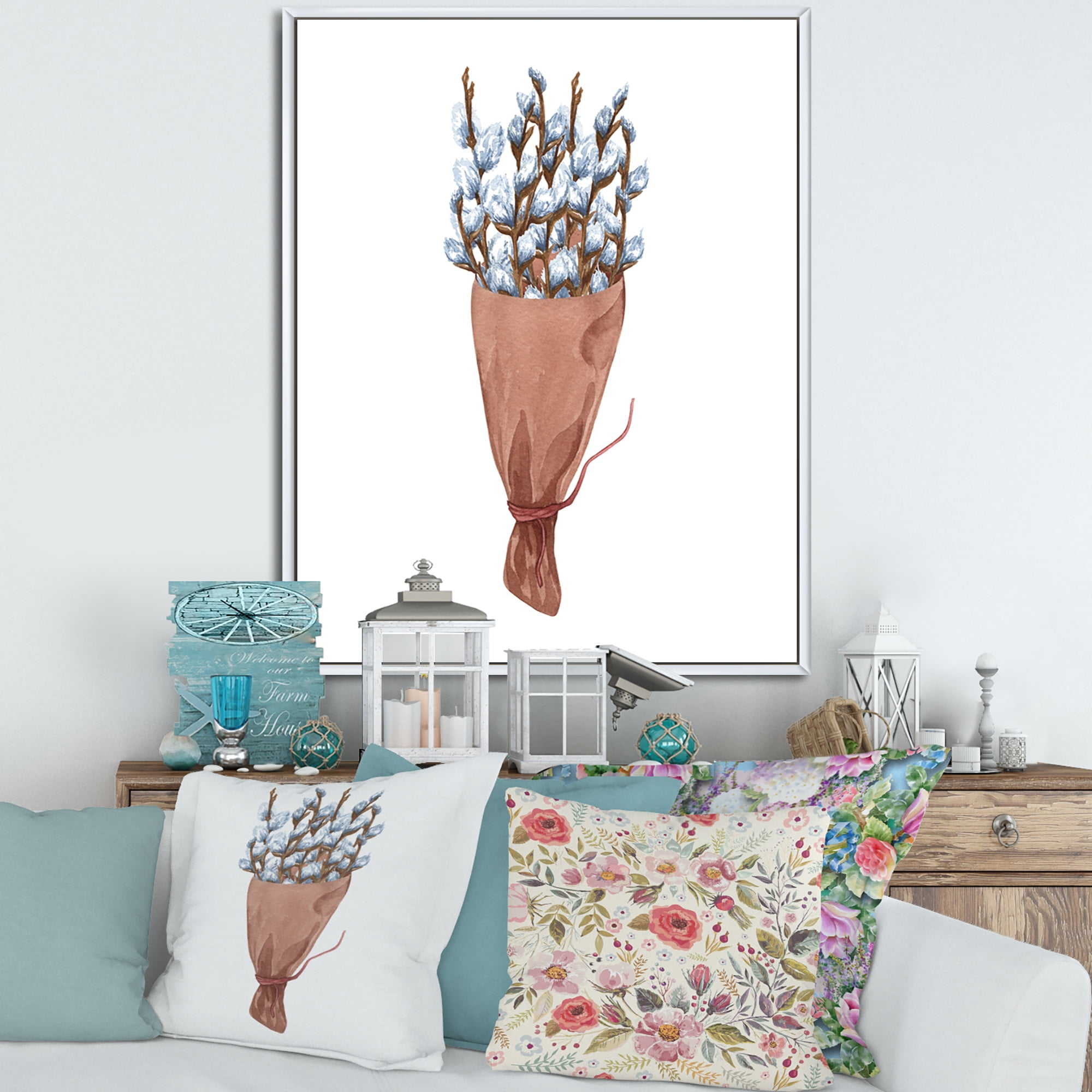 Designart 'Bunch of White Pussy Willow Twigs I' Farmhouse Framed Canvas Wall Art Print
