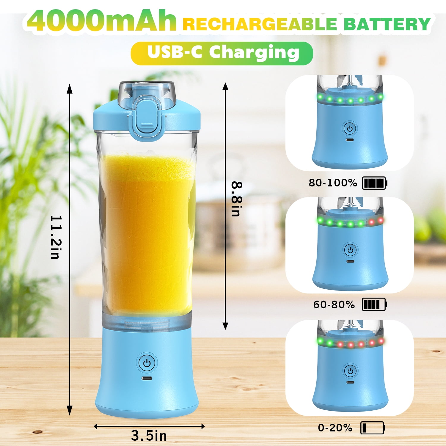Portable Blender Personal Juicer for Shakes and Smoothies - 20 OZ Electric Protein Shaker Bottle with Insulated Sleeve, Travel Lid, USB-C Rechargeable - Mini Small Blender Cup for Kitchen Office Gym