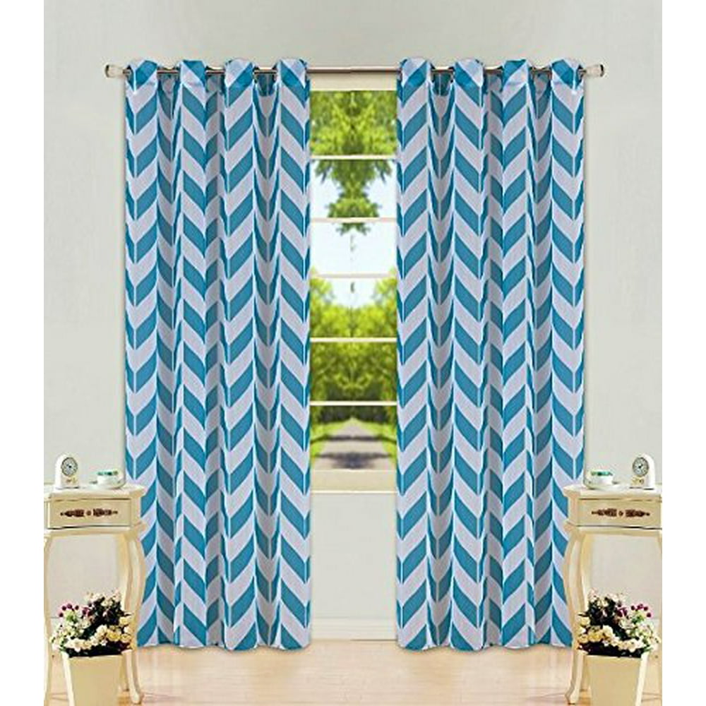 2 Panel Chevron Teal Blue TwoTone Pattern Design Voile Sheer Window