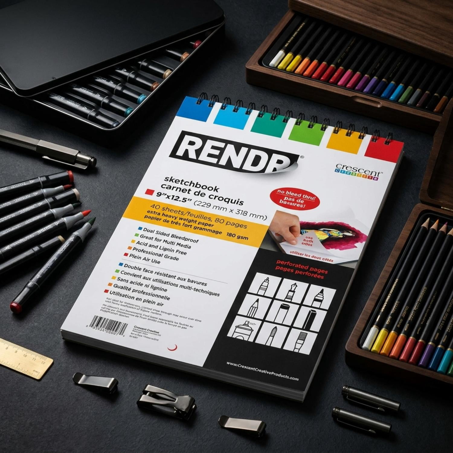 RENDR No Show Thru Wire Bound Perforated Pages Drawing Sketch Books for Artist, 9" x 12.5", No-Bleed, Acid & Lignin Free, 80 pages, All Media, 180 GSM