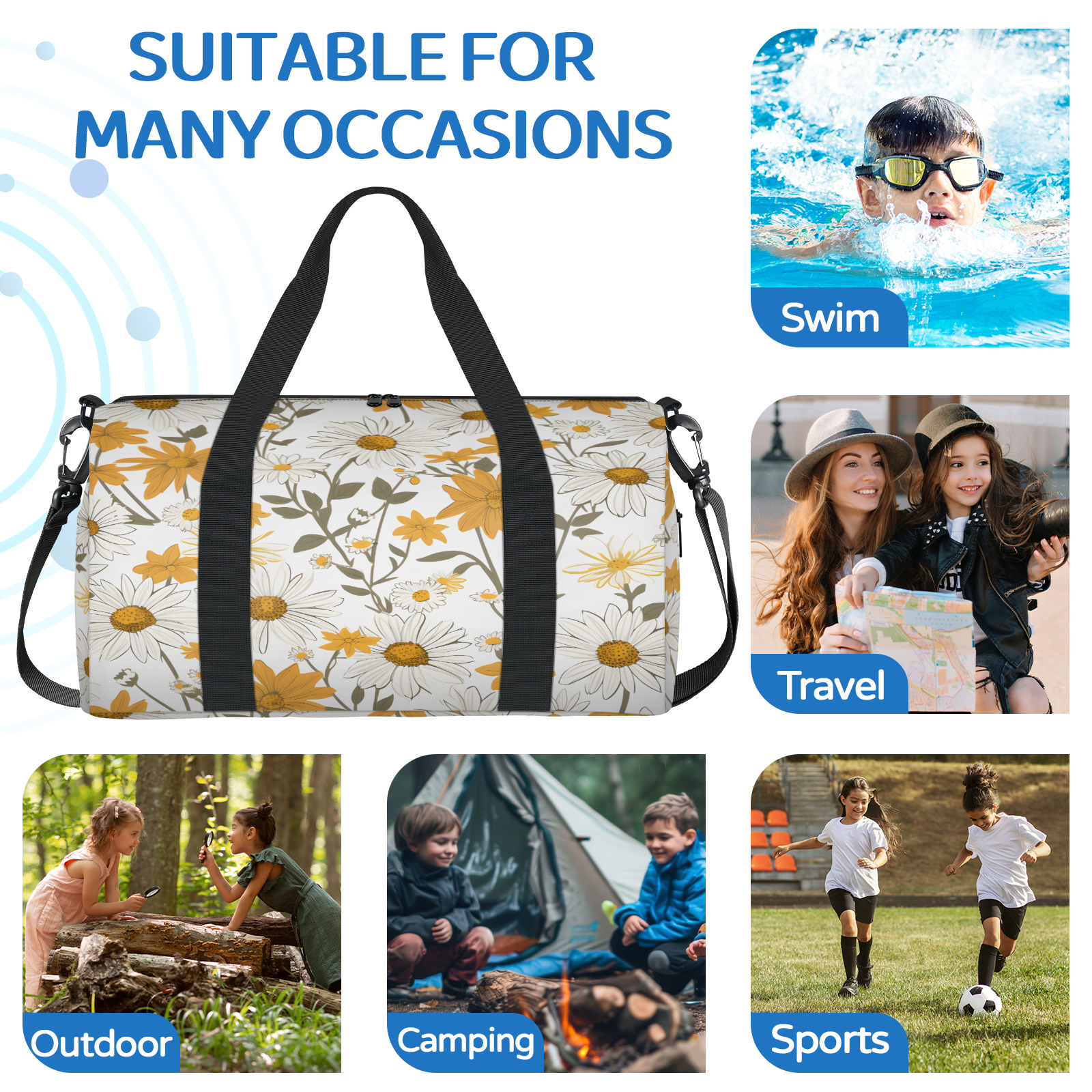 Herdesigns Wild Flowers Floral Gym Bag for Women, Duffle Bag for Travel Sport, Spring Summer Lightweight Waterproof Carry on Weekender Dance Yoga Workout Bags