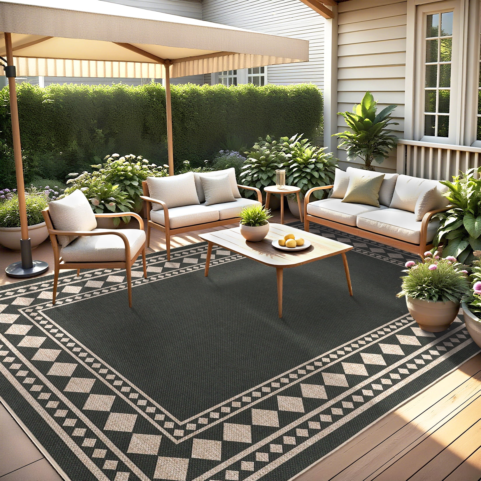 Garvee 5'x7' Modern Bordered Rug Solid Area Rug, Geometric Washable Rugs Stain Resistant Low Pile Rug Non Slip Indoor Outdoor Carpet for Living Room Bedroom Home Office, Black