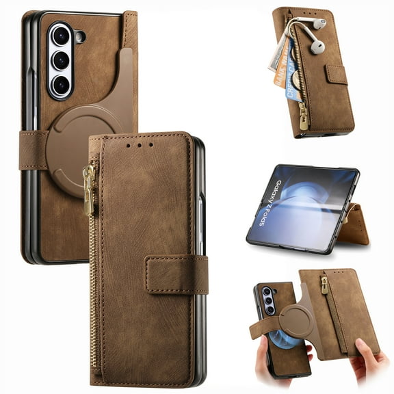 Allytechgroup 2 in 1 Wallet Case for Samsung Galaxy Z Fold 4, Magnetic Detachable Back Cover with Zipper Pocket Cards Slots Stand RFID Blocking Shockproof Phone Case for Galaxy Z Fold 4,Brown
