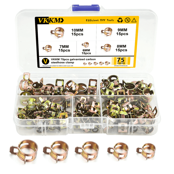 75Pcs Spring Hose Clamp Assortment Kit, 6mm-10mm Galvanized Carbon Steel Fuel Line Clips for Small Engines