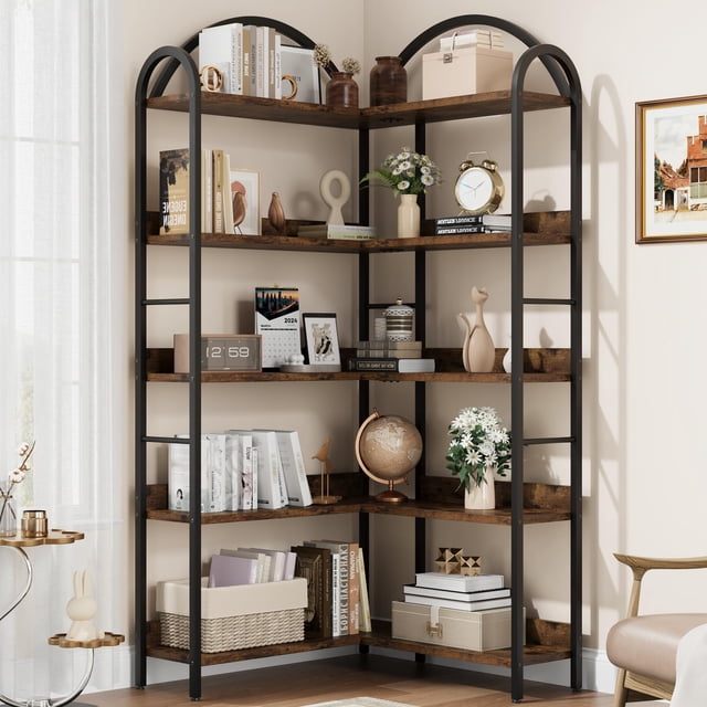 QinaQin 5 Tier Arched Corner Bookshelf, 68.5 Inch Tall L Shaped Metal and Wood Display Rack
