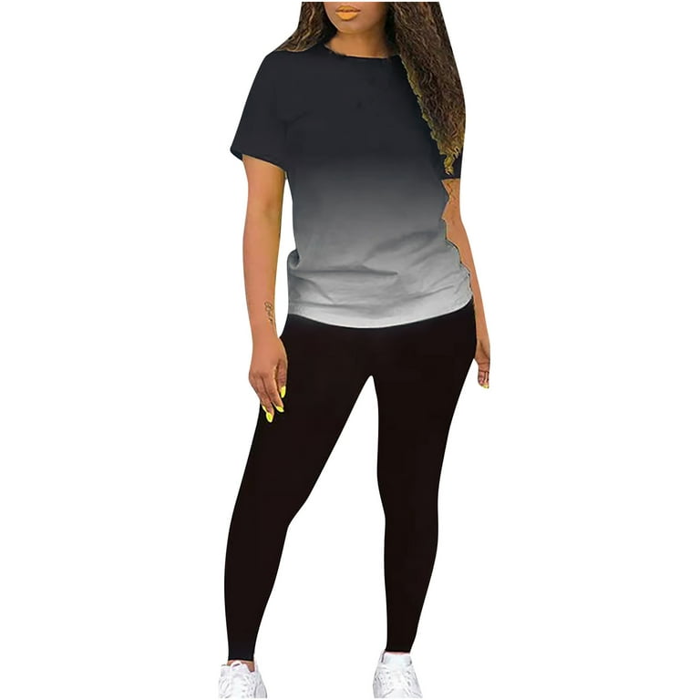 Leesechin Black Pants for Women Plus Size GradientG Two-piece Suit Short  Sleeve Casual Sport T-Shirt Trousers on Clearance