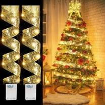 Gold Christmas Tree Ribbon Fairy Lights 32.8ft (2 * 16.4ft) 100 LED Indoor Ribbon String Warm Light, Flashing & Constant Modes Battery Powered Twinkle Light for Christmas Tree New Year Decorations