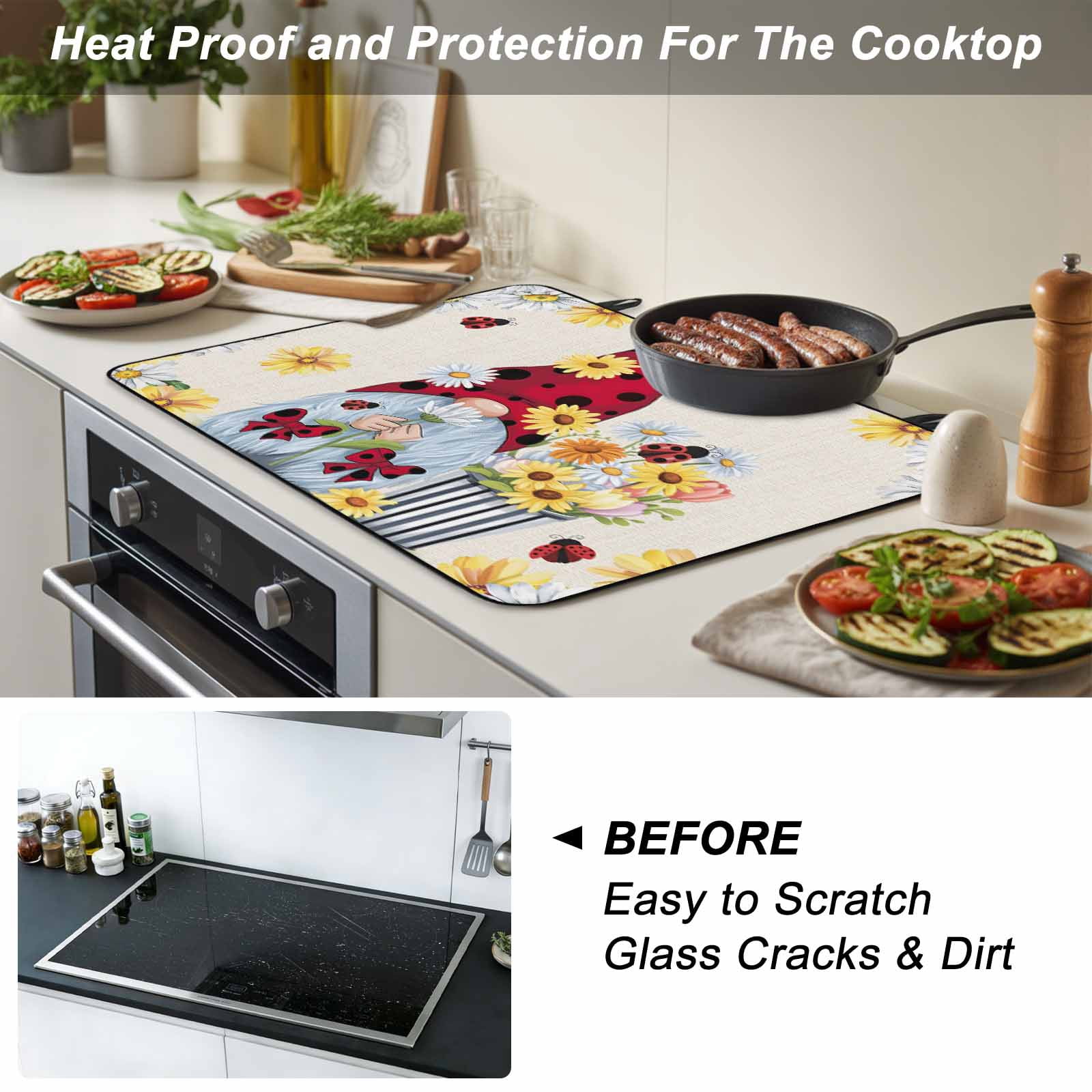 Beige Gnomes Daisy Stove Top Cover for Electric Stove, Heat-proof & Non Slip Glass Top Stove Cover Protector, Pastoral Country Garden Floral Kitchen Flat Cooktop Rubber Mat 36x21 Inches