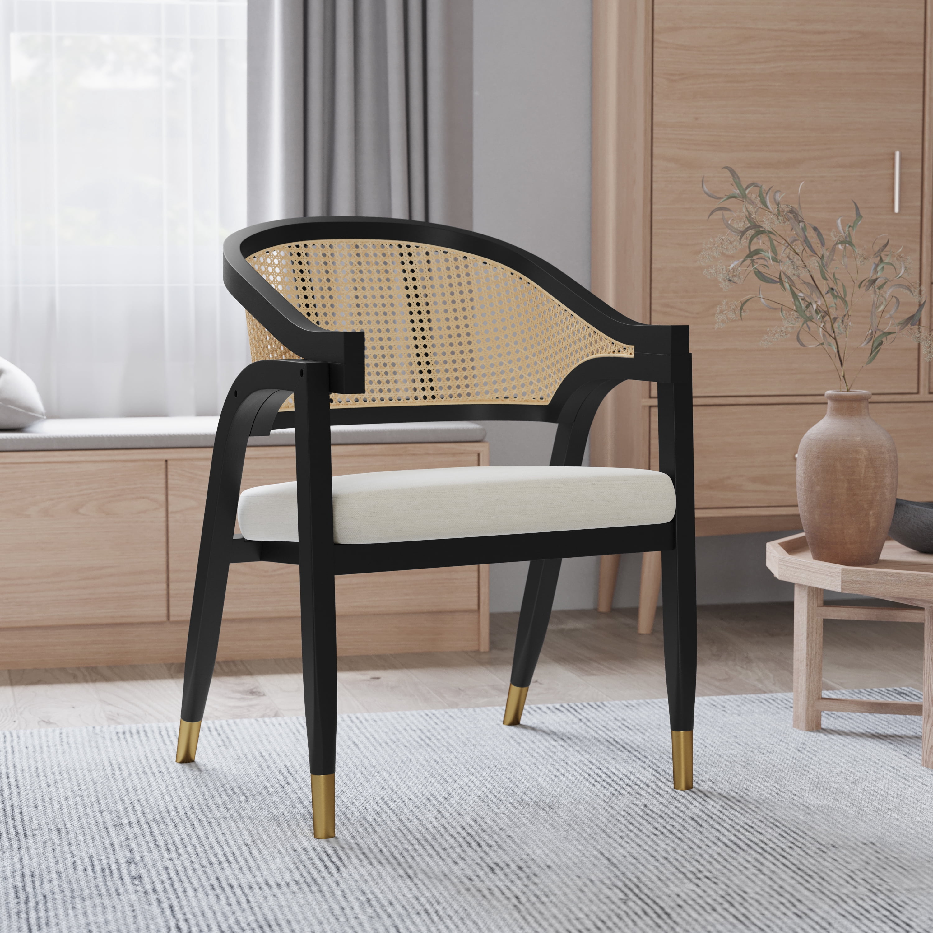 (4 pack) Merrick Lane Cane Rattan Padded Accent or Dining Chair with Gold Accented Legs in Natural/Black
