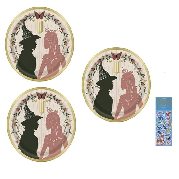 Wicked Birthday Party Supplies Bundle includes 24 Dessert Cake Plates 7" and 1 Dinosaur Sticker Sheet