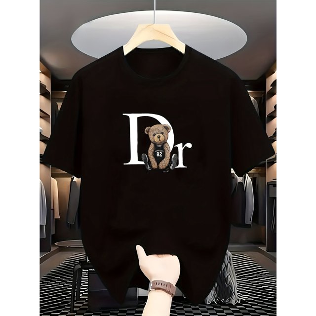 Men's 2025 Summer Casual Graphic T-Shirt - Black Geometric Print Short Sleeve Tee, 100% Cotton, Machine Washable Round Neck Top for Casual Attire, Playful Teddy Print | Comfortable Fit Shirt