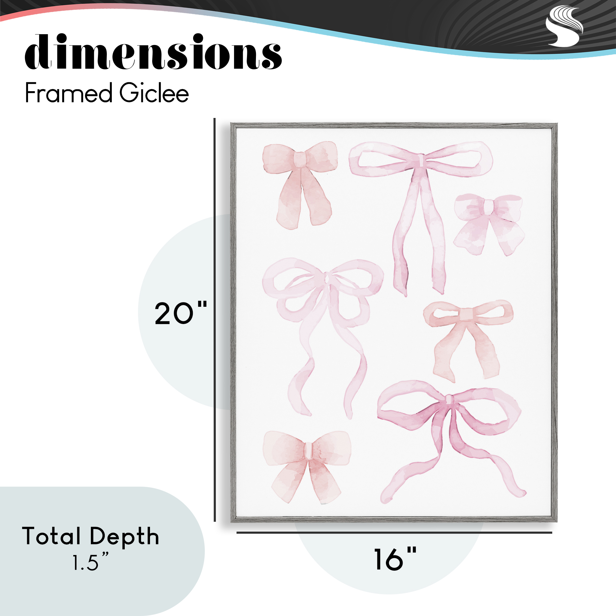 Pink Watercolor Bows Gray Framed Giclee Art, design by Kim Allen