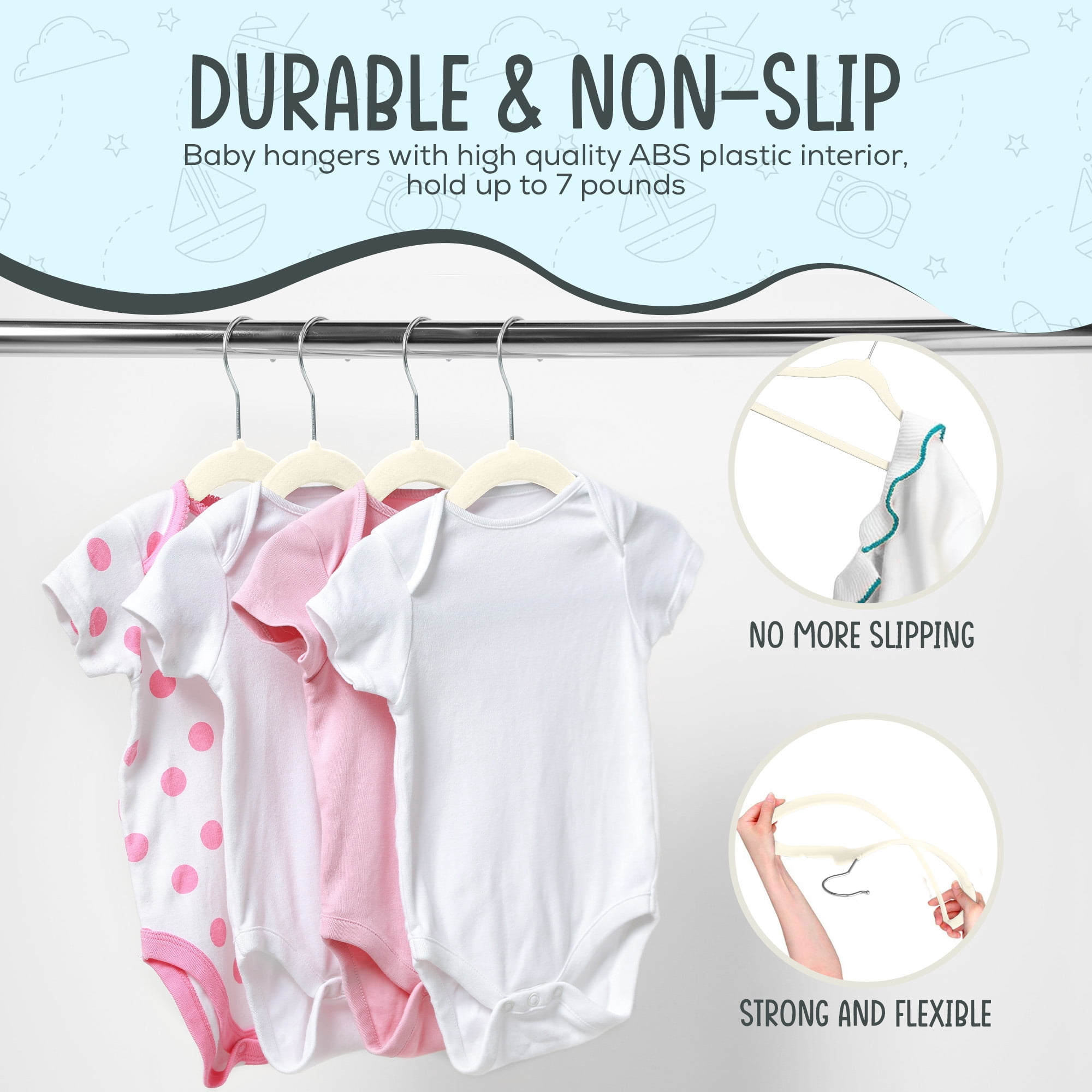 Techzoo Premium Baby Velvet Hangers 55 Pack – 11.8" Non Slip Felt Cloth Hangers for Closet – Ultra Slim, Space Saving Baby Clothes Hangers with 360° Swivel Hook Infant Hangers – Ivory
