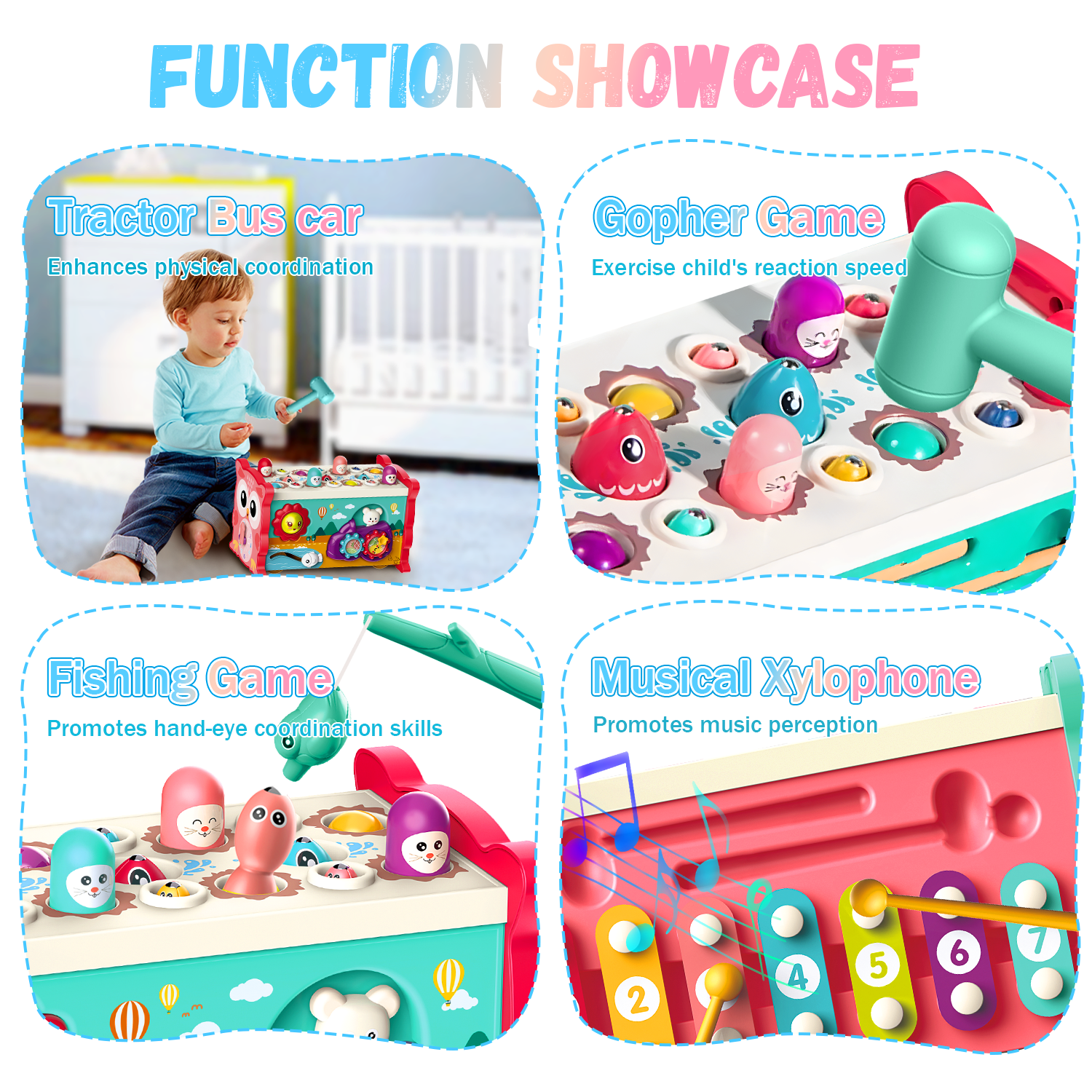 Flooyes Montessori Toys for 1 Year Old,Whack-A-Mole Hammering Pounding Toys with Pounding Bench, Fishing, Xylophone, Montessori Musical Toys for Toddlers 1 - 3 Years Old (Red)