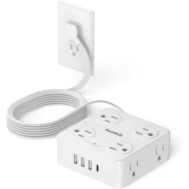 Regleta Multicontacto Enchufe Plano, Conector Multiple Escritorio con Protector de Sobretensión, 1.98M Extension Electrica con 8 Enchufes CA y 4 USB (1 USB C) para Oficina, Blanco