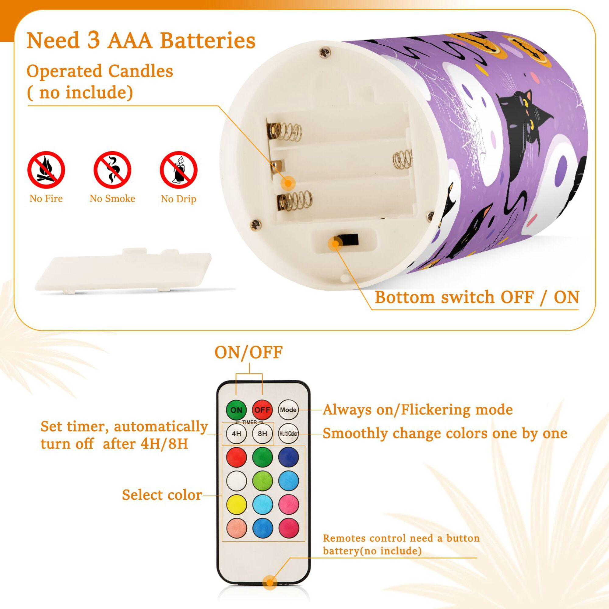 Yayeee Flameless Candles with Remote Flickering Battery Operated Multi Color Changing, Purple Halloween Pattern