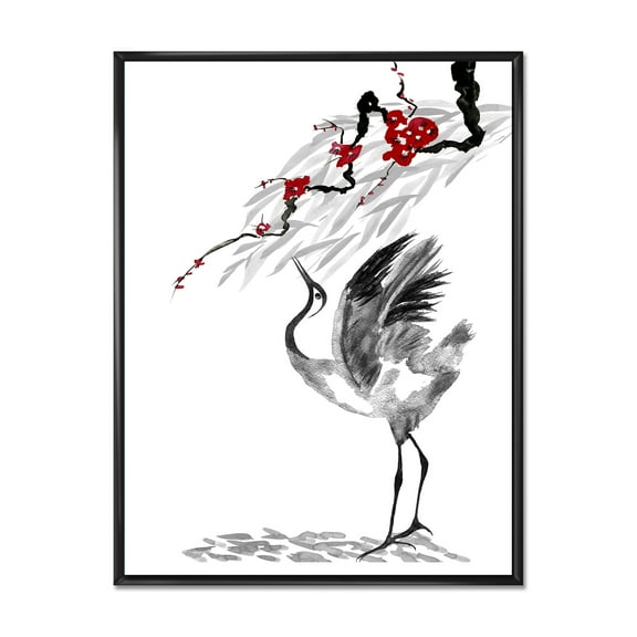 Designart 'Red Flowers With Japanese Cranes Bird Drawing' Traditional Framed Canvas Wall Art Print