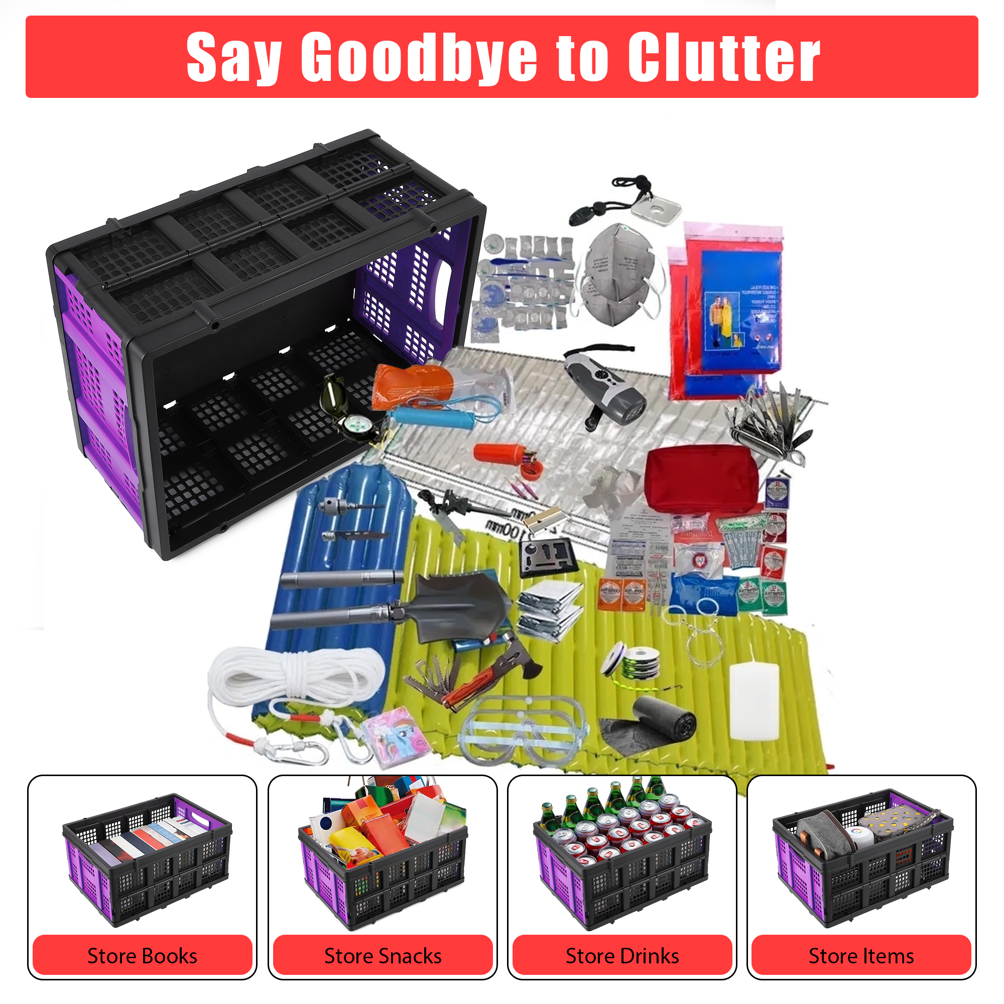 Large 14.5 Gallon Collapsible Storage Crate – 55L Extra-Thick Collapsible & Stackable Plastic Organizer Bin with Handles – Heavy-Duty Basket for Home, Kitchen, Office, Garage, Moving – Purple