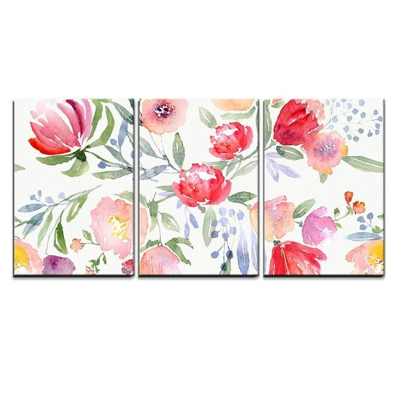 wall26 - 3 Piece Canvas Wall Art - Watercolor Floral Botanical Pattern and Seamless Background - Modern Home Art Stretched and Framed Ready to Hang - 16"x24"x3 Panels