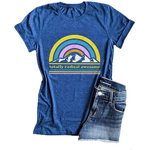 YourTops Women Totally Radical Awesome Shirt Mountain Rainbow Tshirt (US M,  1-Blue) 