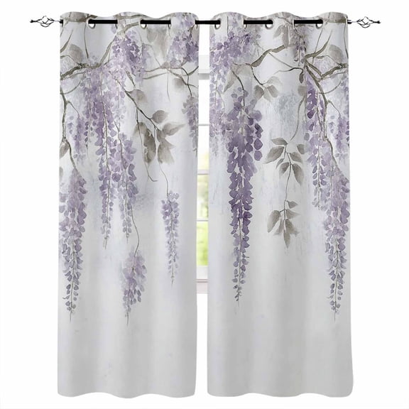 Blackout Curtains for Bedroom, Purple Spring Floral Room Darkening Window Drapes for Living Room, Summer Botanical Weeping Vintage Thermal Insulated Grommet Curtains, 52x90 inch, 2 Panels