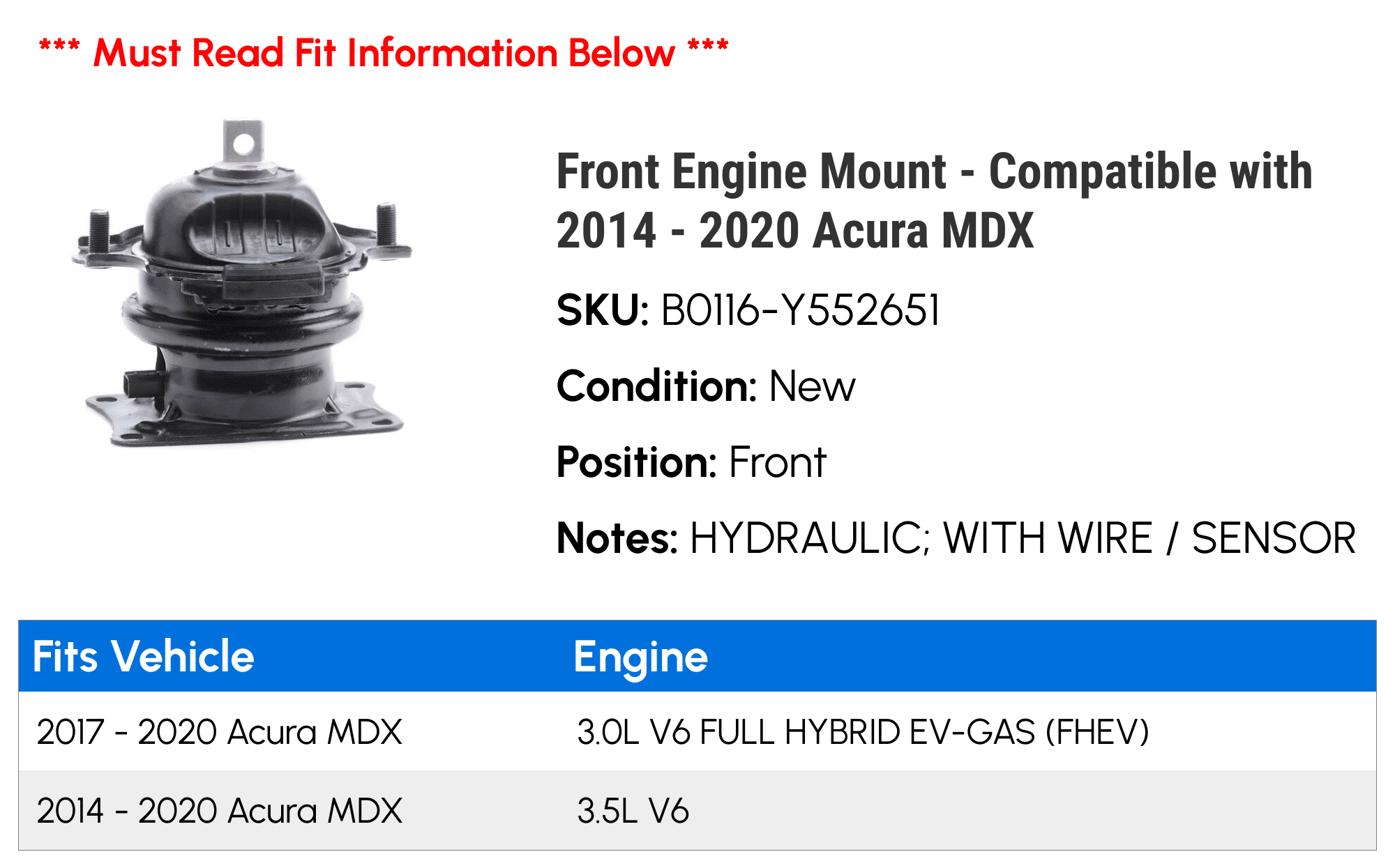 Front Engine Mount - Compatible with 2014 - 2020 Acura MDX 2015 2016 2017 2018 2019
