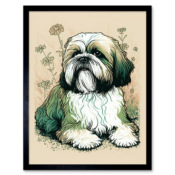 Shih Tzu Dog with Daisies Modern Multicoloured Linocut Illustration Art Print Framed Poster Wall Decor 12x16 inch