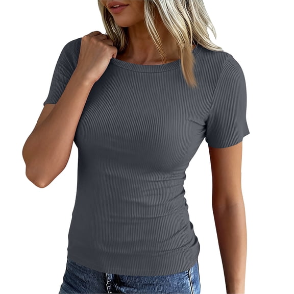 Womens Summer Short Sleeve T-Shirt Ribbed Knit Crew Neck Slim Fitted Basic Casual Top Dark Gray M