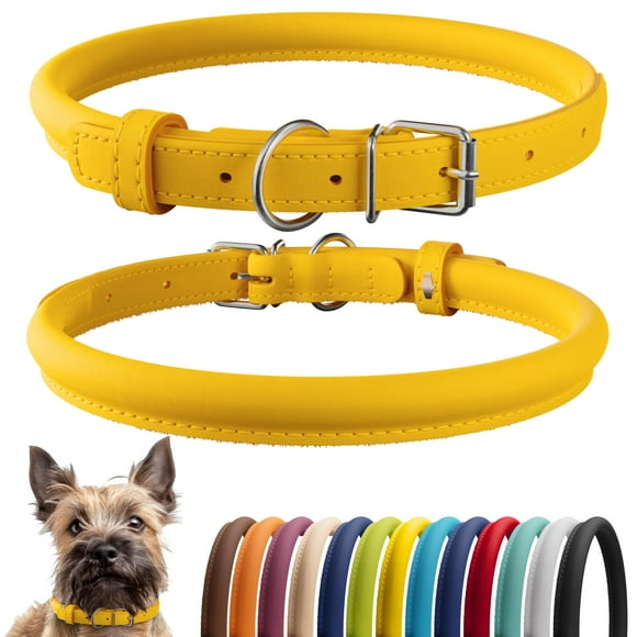 CollarDirect Rolled Leather Dog Collar Soft Padded Round Puppy Collar Handmade Genuine Leather Collar Dog Small Large Cat Collars 13 Colors (6 Inch Yellow Smooth)