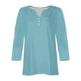 thumbnail image 5 of Htigea Women 3/4 Length Sleeve T Shirts Casual Notch V Neck Tunic Tee Solid Color Button Pullover Loose Fit Tshirt Light Blue,2XL, 5 of 6