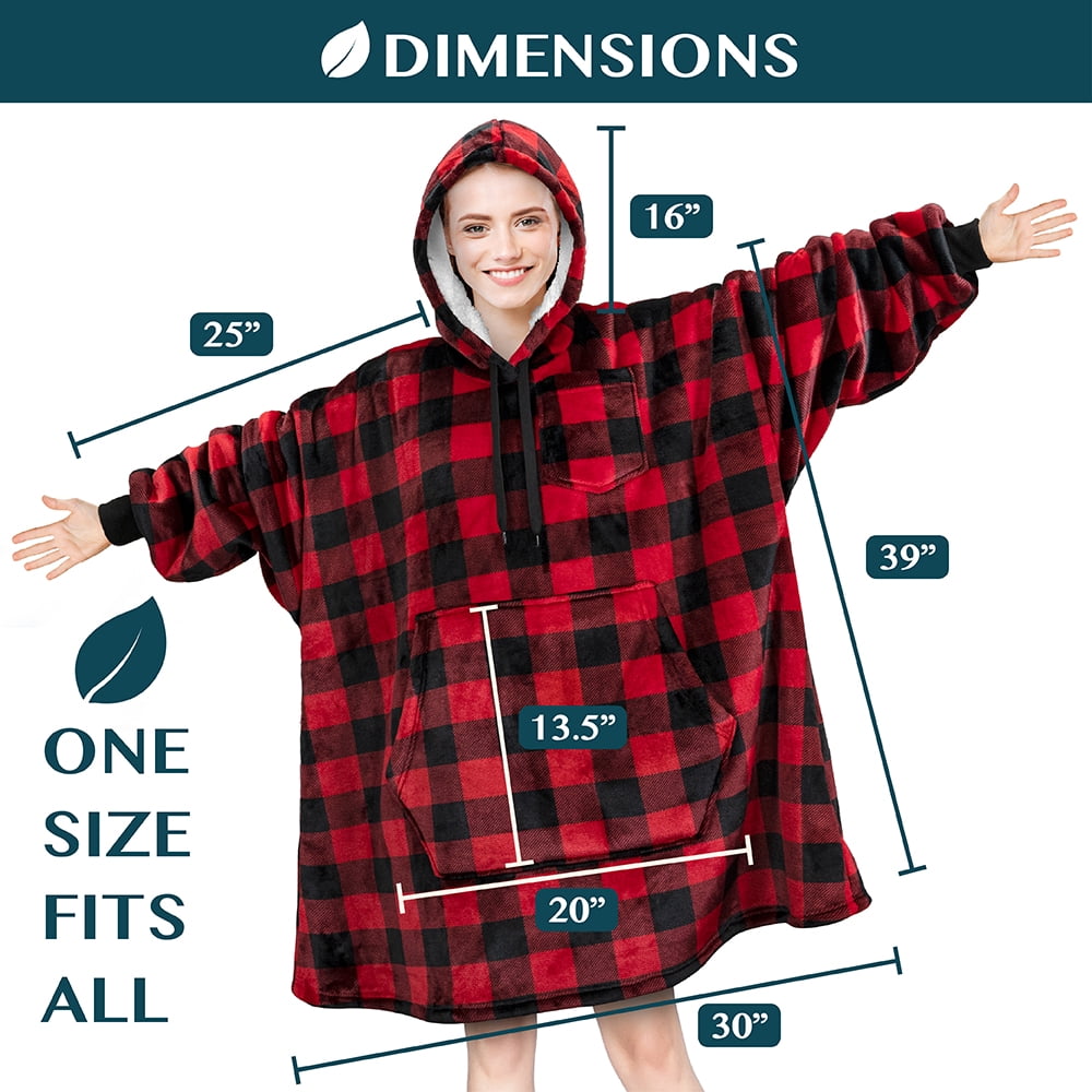 PAVILIA Blanket Hoodie for Women Red, Sherpa Wearable Blanket Men, Cozy Oversized Sweatshirt Blanket, Warm Fleece Hooded Blanket Sweater with Sleeves and Giant Pocket, Checker Red