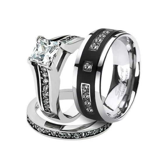 His and Her Stainless Steel 2.10 Ct Cz Bridal Set and Men's Titanium Wedding Band Women's Size 10 Men's Size 11