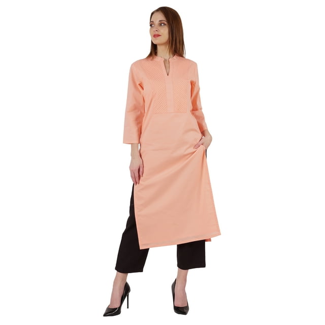 Bimba Kurta Droite Unie Ethnique Indienne pour Femmes à Col Mandarin avec Encolure Plissée en Coton