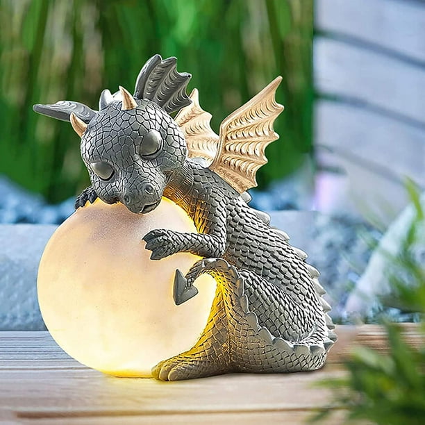 ER Estatua de animal de dragón para decoración del hogar, patio, dragón de meditación, esculturas de dinosaurios de resina y estatuas de jardín, luces LED, estatua de jardín, dragón de meditación Excelente Rendimiento