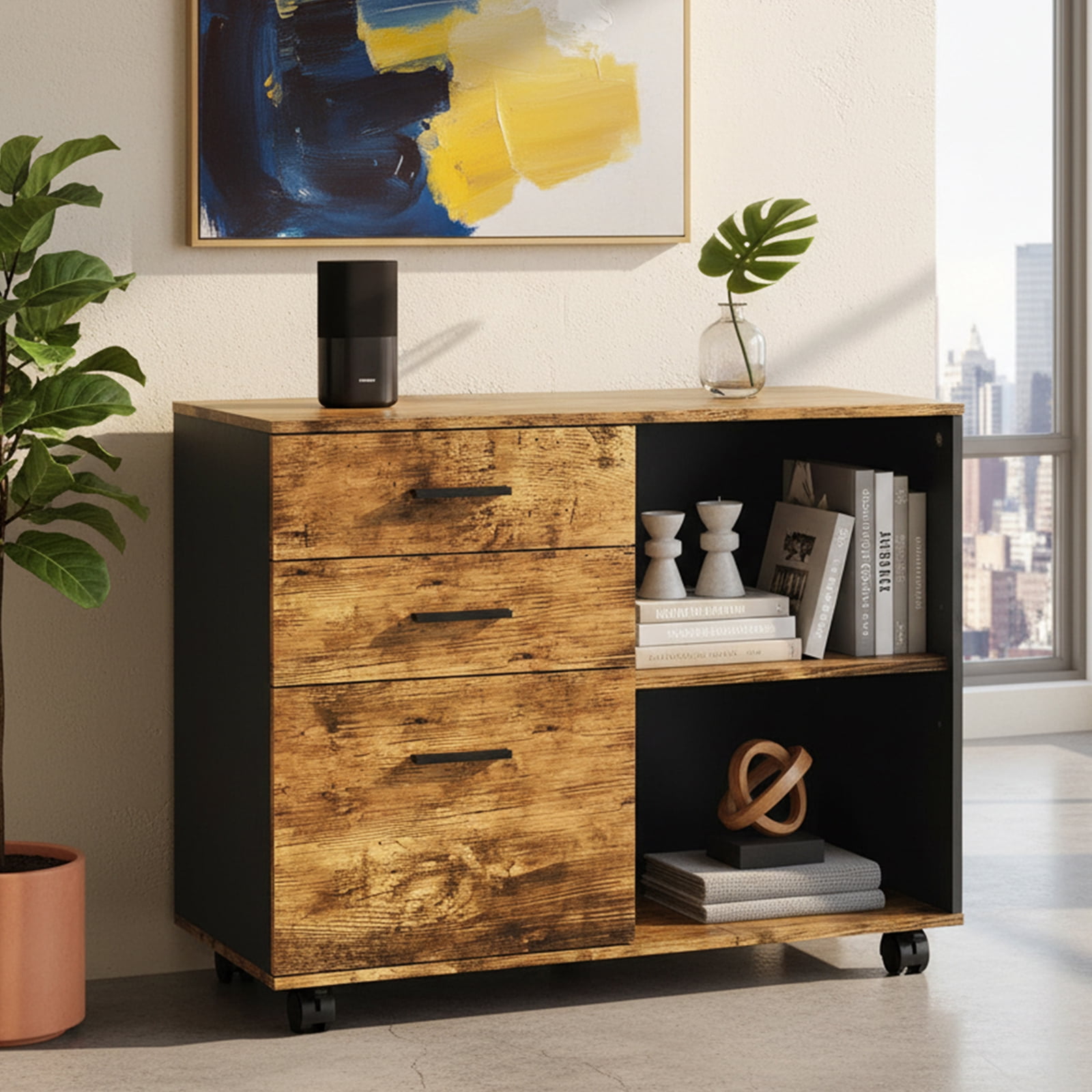 Ktaxon 3 Drawer File Cabinet with Open Shelf, Wood Rolling File Cabinet with Open Shelves,Legal & Letter Size, Brown